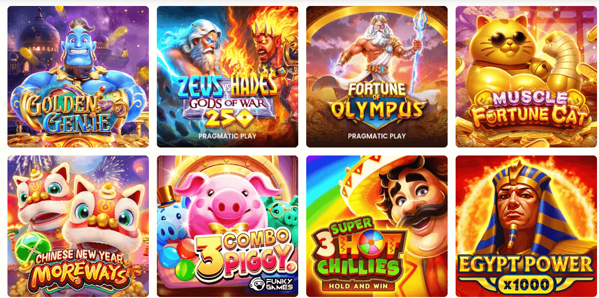 Eight vibrant online slot game thumbnails featuring diverse themes like Greek gods, genies, and animals.