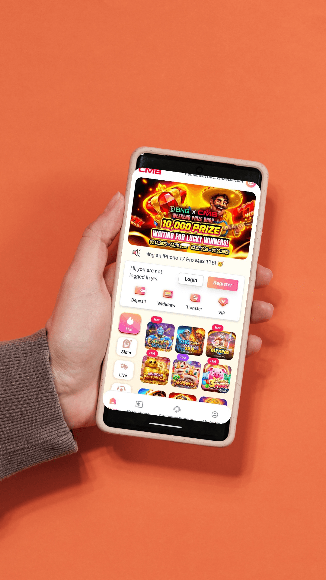 Hand holding a smartphone displaying a mobile casino app interface against a solid orange background.