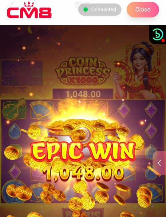 Epic Win screen on Coin Princess slot game showing 1,048.00 and falling gold coins.
