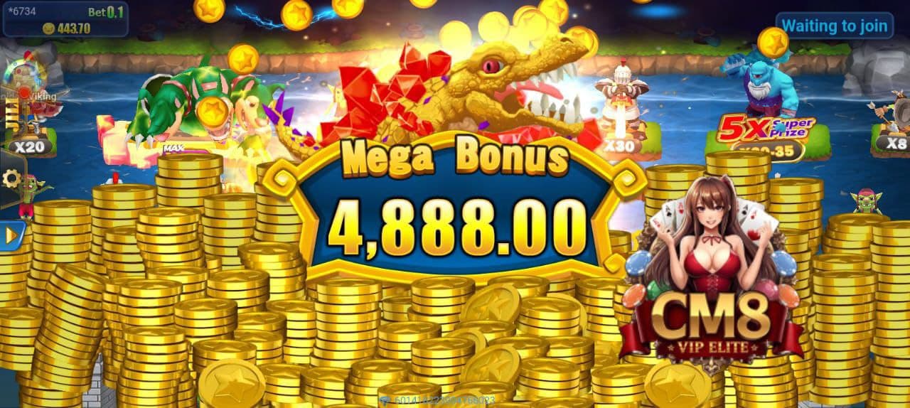 Casino game screen displaying a Mega Bonus of 4,888.00 amidst stacks of gold coins.