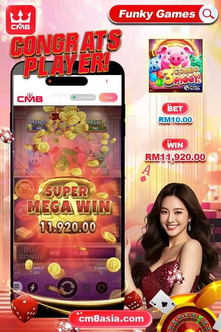 Promotional graphic for a mobile slot game showing a super mega win and smiling woman.