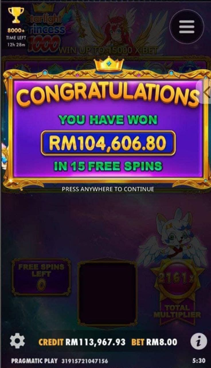 Starlight Princess slot game screen showing a RM104,606.80 win from fifteen free spins.