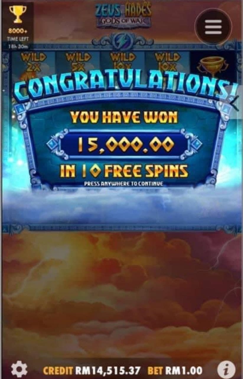 Zeus vs Hades slot game screen showing a 15,000.00 win from ten free spins.