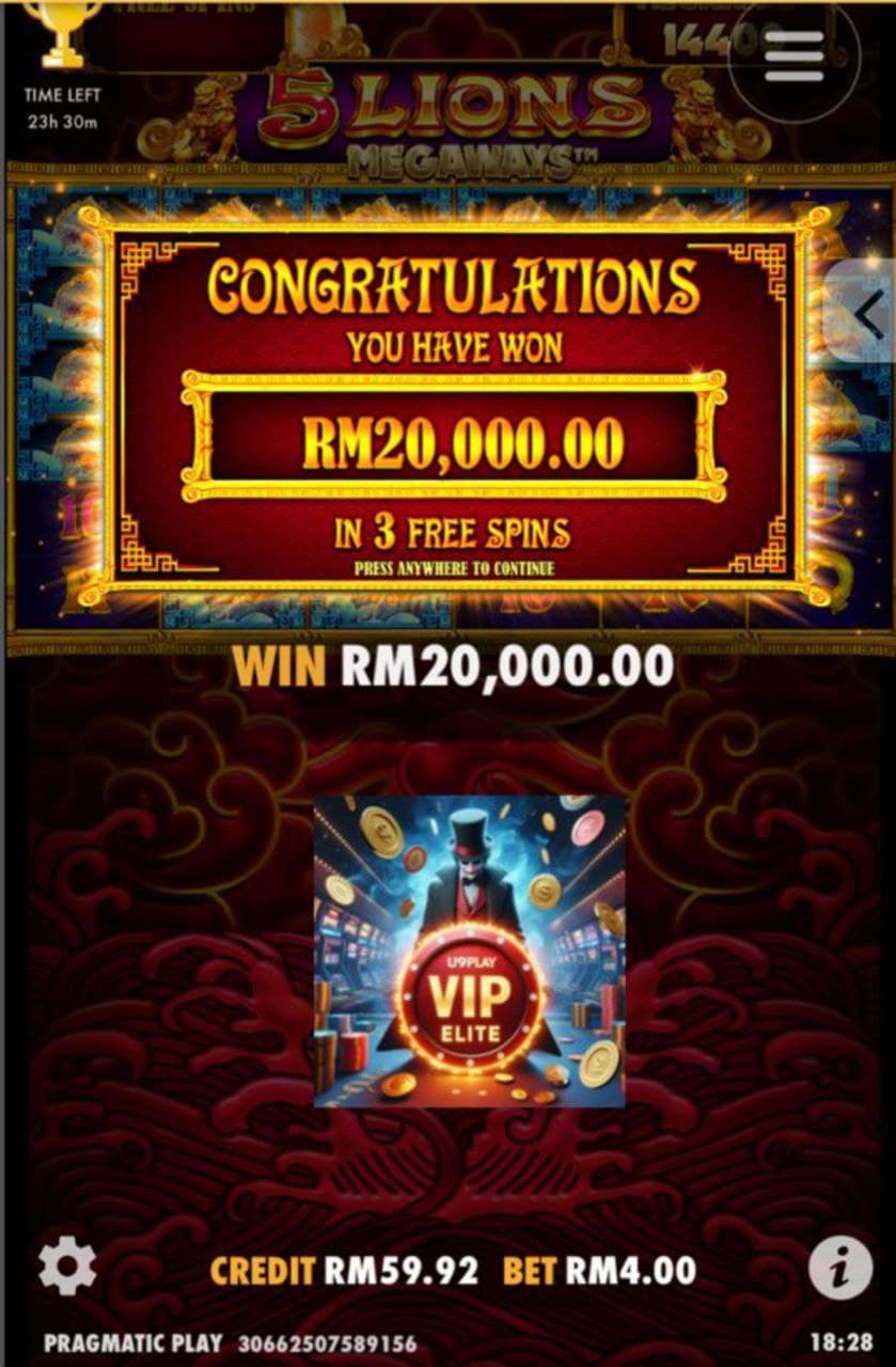 5 Lions Megaways slot game screen announcing a RM20,000.00 win from three free spins.