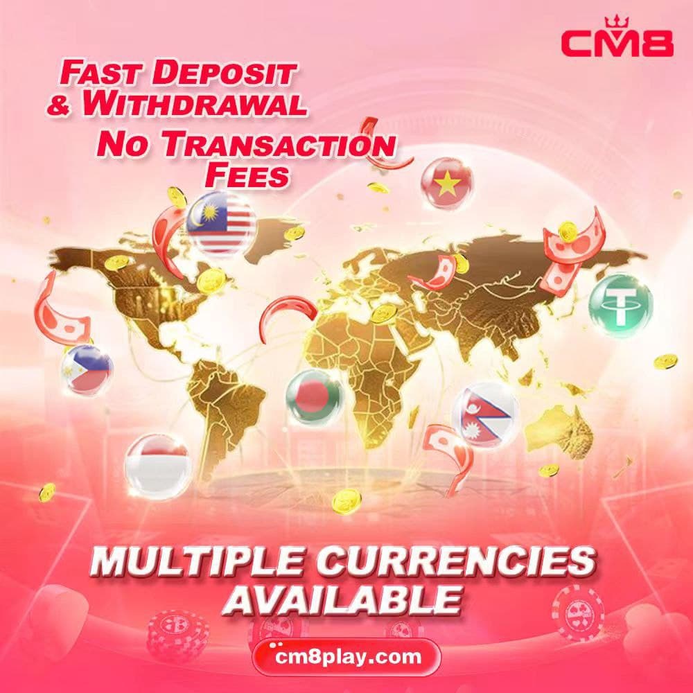 CM8 promotional graphic featuring a world map, national flags, and global currency transaction details.